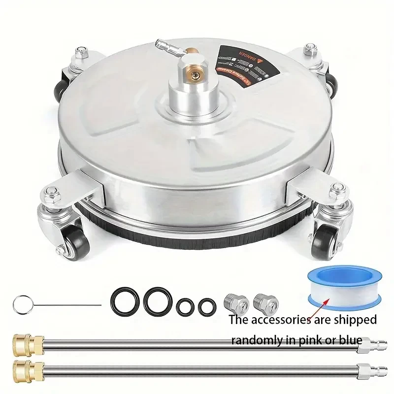 1 Set Pressure Washer Surface Cleaner With 4 Wheels & 2pcs Extension Rods, Stainless Steel Power Washer Accessory For Driveways Sidewalks Pathway, 4000 PSI