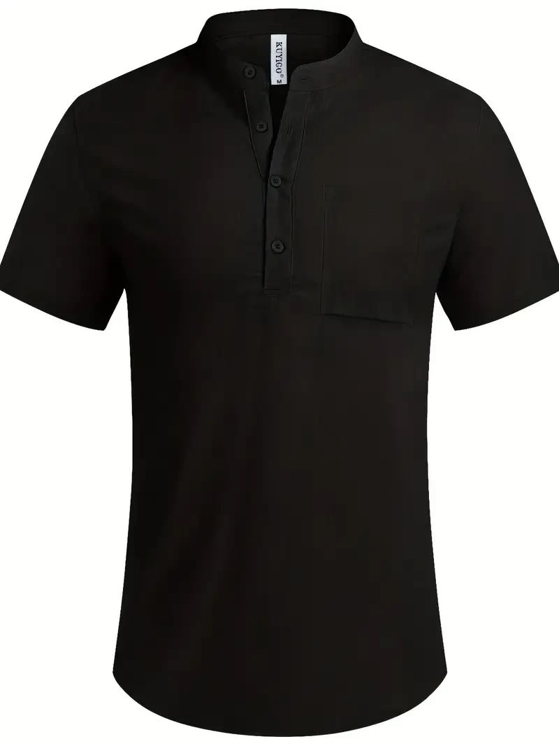 Classic Design Solid Color Men's Casual Button Up Short Sleeve Lightweight Polo Shirt With Chest Pocket, Men's Polo For Summer, Tops For Men