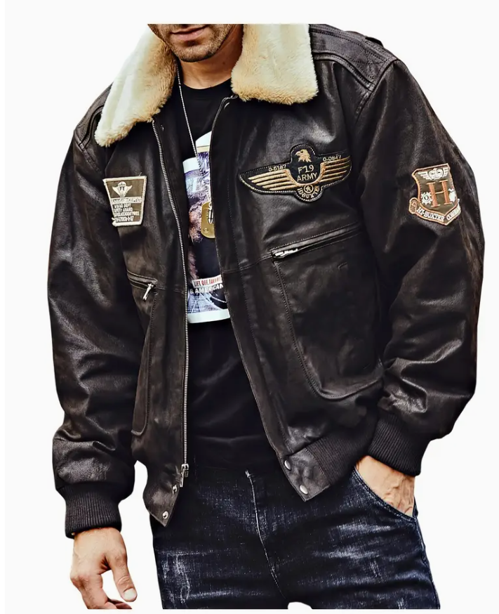Men's pigskin bomber jacket with detachable faux fur polyester collar