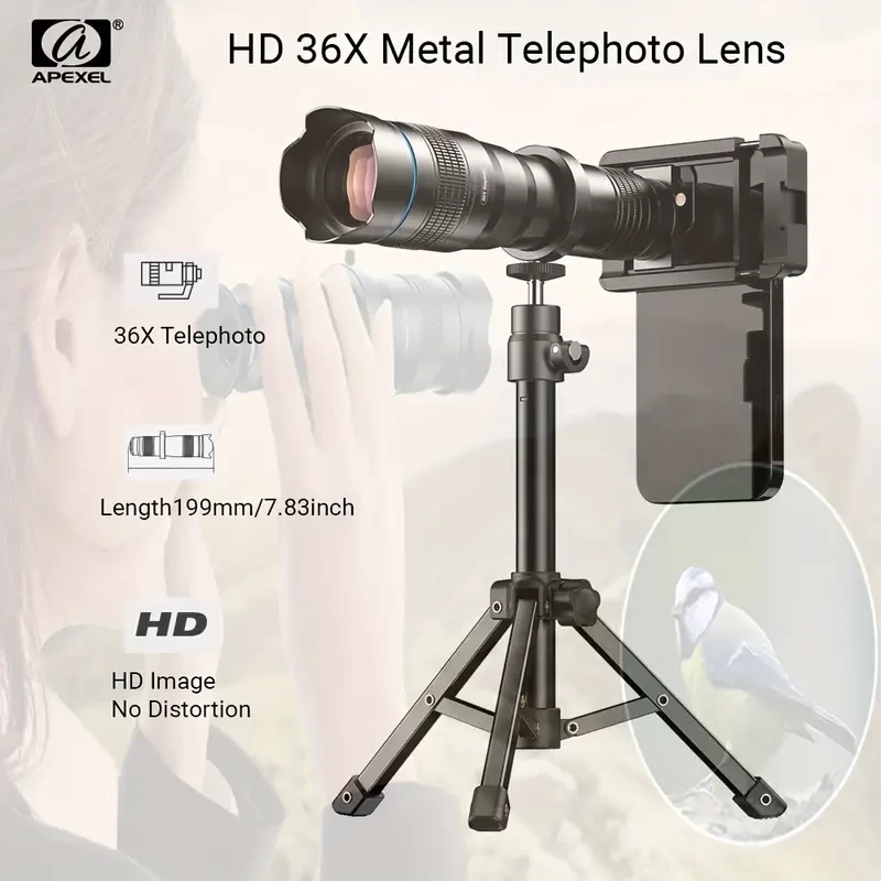 APEXEL HD 36X 4K Metal Monocular Zoom Telephoto Lens New Powerful Telescope Mobile Phone Lens With Stretchable Tripod For Mountain Climbing Watch Birds/Moon/Game