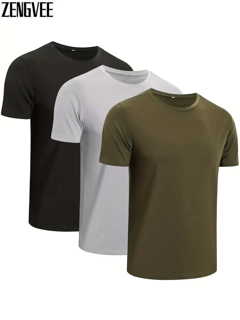 3pcs/set Solid Color Men's Comfy Medium Stretch T-shirt, Men's Summer Clothes, Men's Clothing