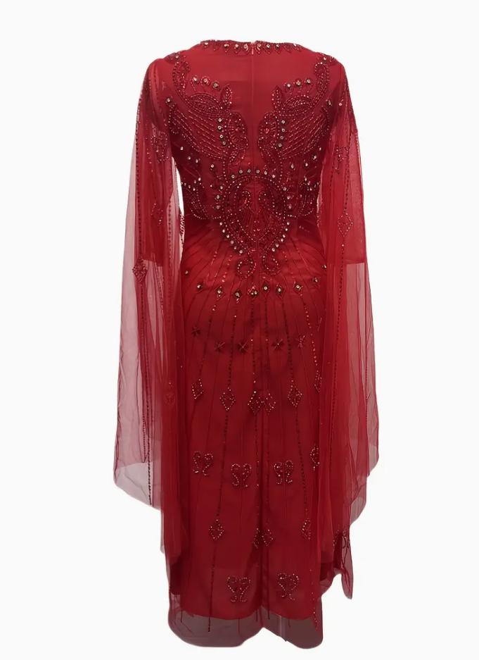 Elegant vintage beaded embroidered dress Ladies long flying sleeve beaded Heavy Industry wedding banquet dress 88158