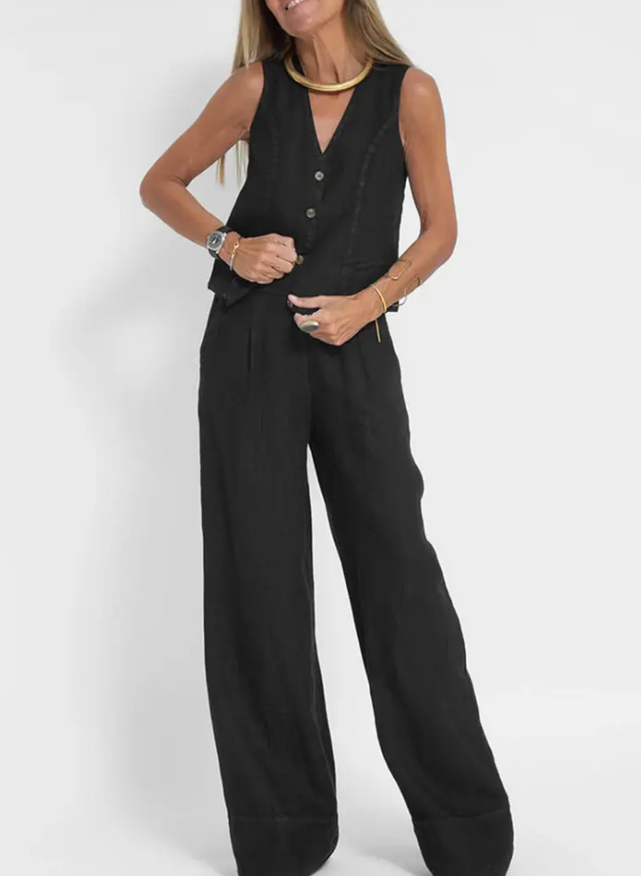 Women's 2-piece outfit solid color button-down vest and baggy pants suit street aesthetic clothing