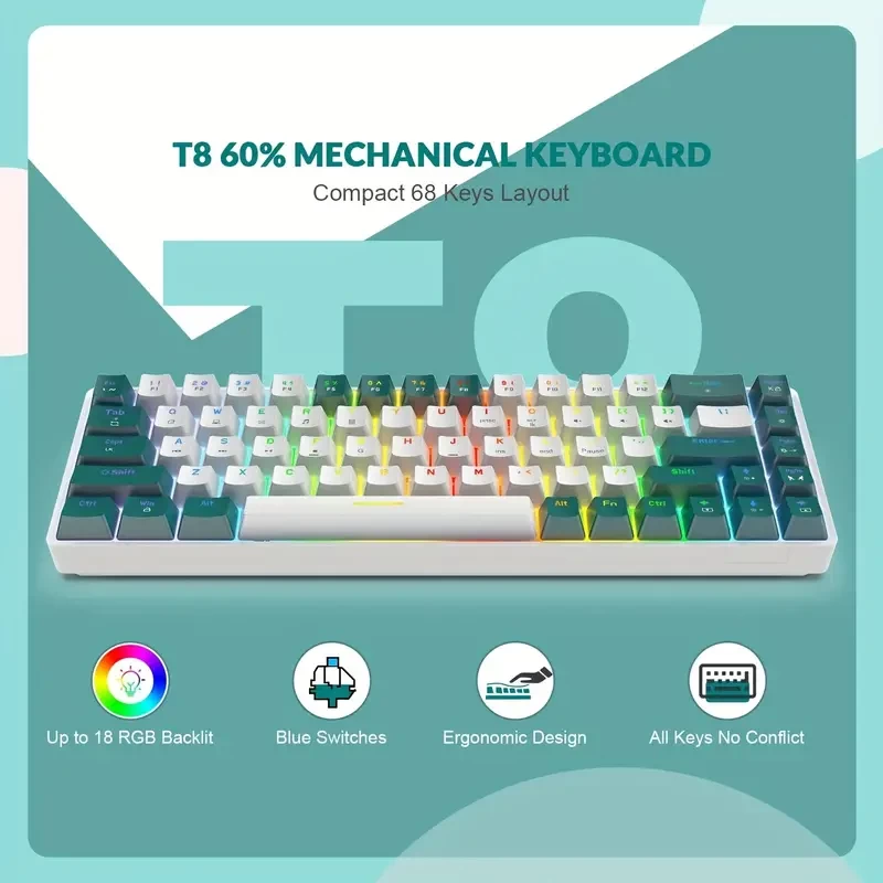 RK-T8PR0 Wired 65% Mechanical Gaming Keyboard And Mouse Combo With RGB LED Backlit Anti-ghosting TKL Mini 68 Key Coiled C To A Cable Tactile Blue Switch For PS4 PS5 Xbox PC Mac Gamer