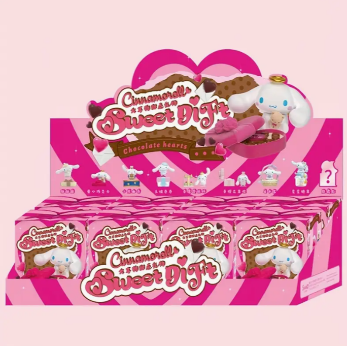 OPTOY Sanleo Cinnamoroll Sweet Gift Mystery Box - adorable big-eear dog dessert figurine, handcrafted PVC toy with blue hat and pink bow tie, ideal for birthday decorations and collectors