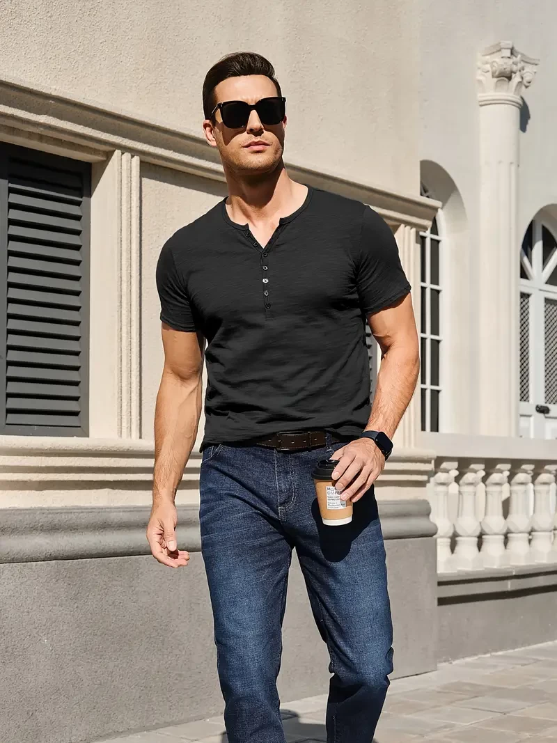 Men Henry Short sleeve Classic style muscle shirt Vintage everyday casual men's button-up V-neck T-shirt Men charming gift for friends